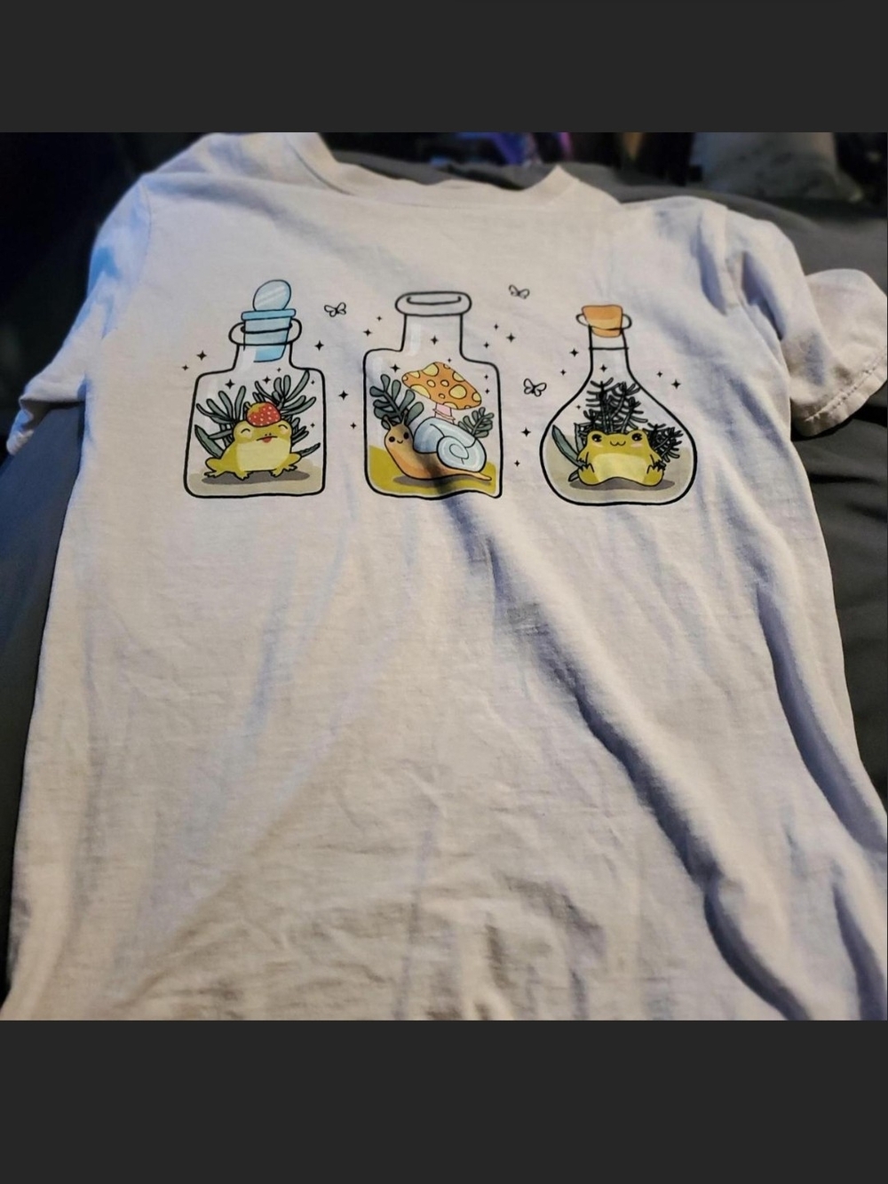 Hot Topic Lavender Tee with Yellow Frog Bottle Trio